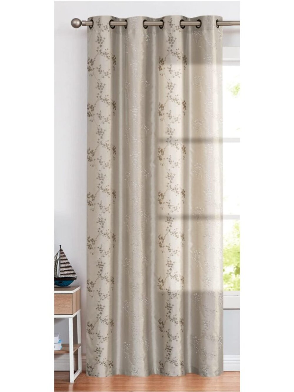 Faux Silk Floral Embroidered Grommet Top Curtain for Living Room